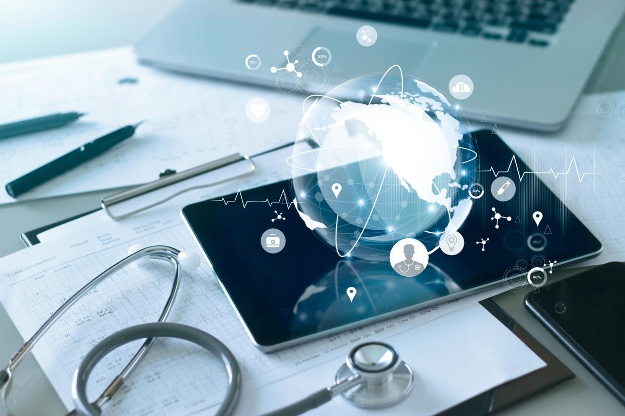 a graphic showing global connections above doctor office equipment