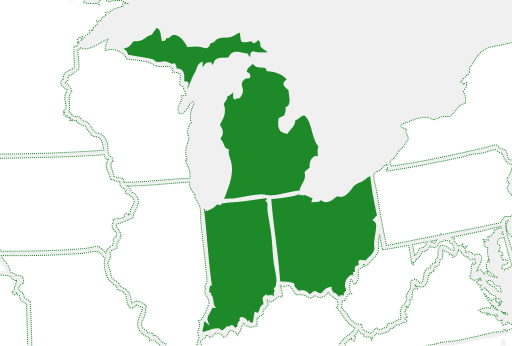 map of the midwest with Michigan, Indiana, and Ohio highlighted in green