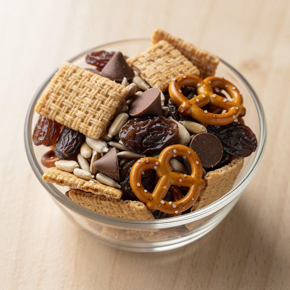 DIY trail mix with whole-grain cereal squares, unsweetened raisins, sunflower seeds, pretzel twists and chocolate chips
