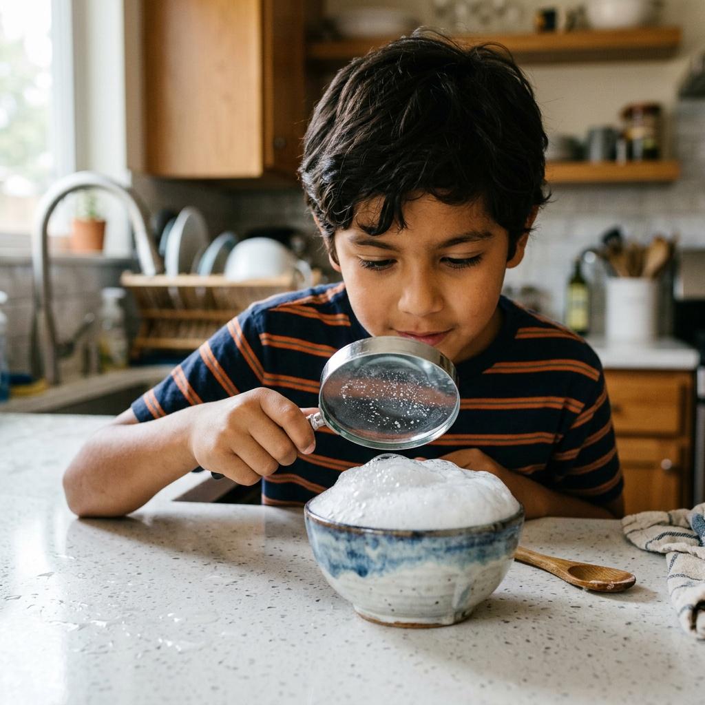 Young boy looking with a magnifying glass at bubbly foam in a bowl.