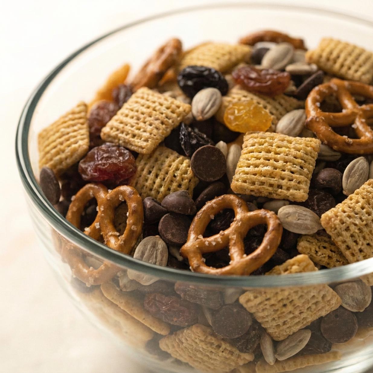 Trailmix with cereal, pretzels, sunflower seeds, raisins, and chocolate chips